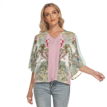 Sweet Side Bat Sleeve Light V-neck Front Buttoned Top