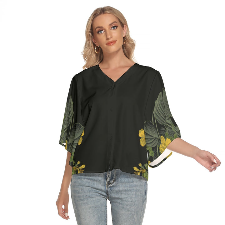 Sweet Side Bat Sleeve Light V-neck Front Buttoned Top