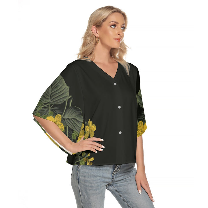 Sweet Side Bat Sleeve Light V-neck Front Buttoned Top